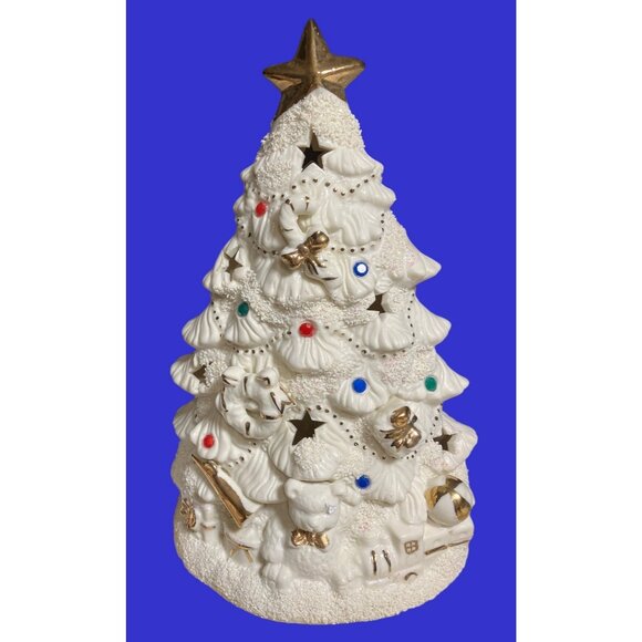 Ceramic Light-Up Christmas Tree With Decorations And Gold Colored Accents - Picture 1 of 10